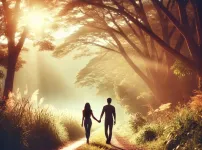 DALL·E 2024-12-11 16.20.42 - A tranquil and romantic scene of a couple holding hands while walking on a quiet pathway surrounded by nature, with soft sunlight filtering through th.webp