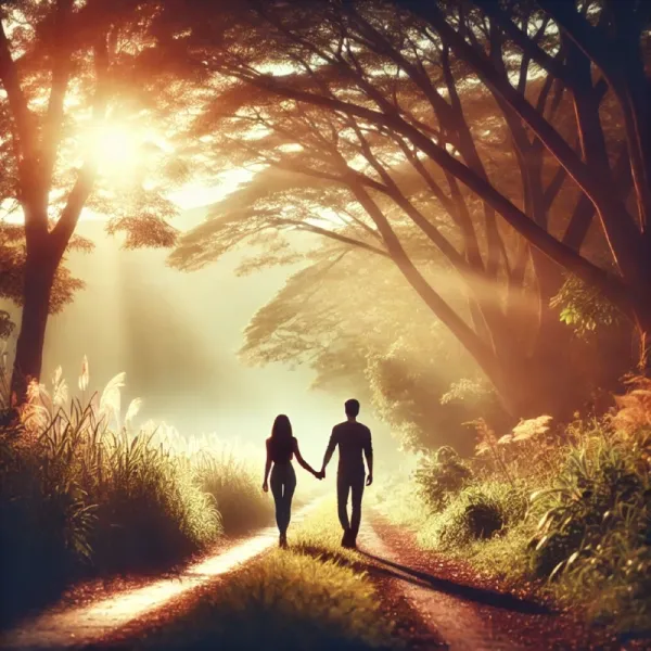 DALL·E 2024-12-11 16.20.42 - A tranquil and romantic scene of a couple holding hands while walking on a quiet pathway surrounded by nature, with soft sunlight filtering through th.webp
