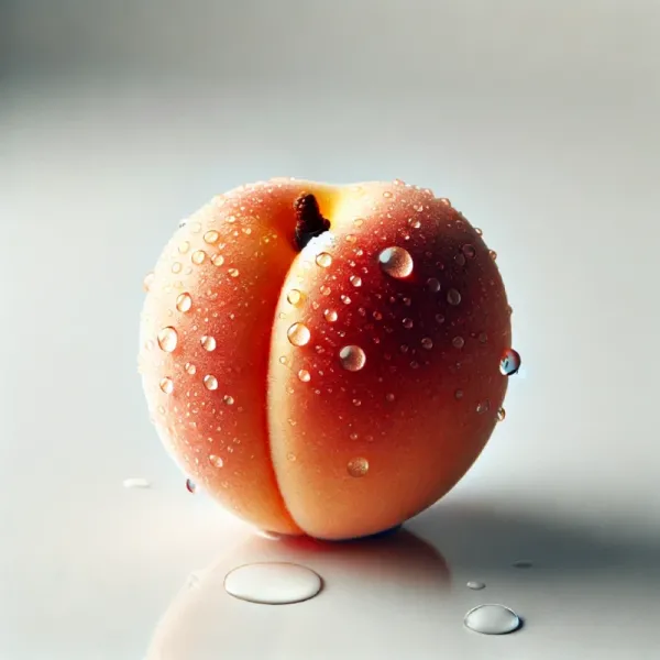 DALL·E 2024-12-16 10.11.54 - A close-up of a juicy peach with water droplets on its surface, placed on a clean white background, symbolizing sensuality and indulgence.webp