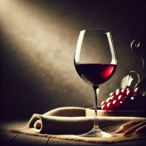 DALL·E 2024-12-16 10.12.26 - A luxurious wine glass filled with red wine, placed on a softly lit table, symbolizing elegance and depth of flavor.webp