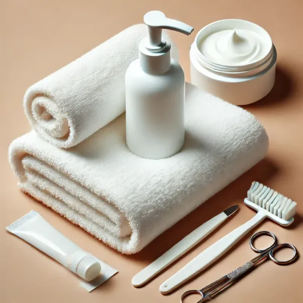 DALL·E 2024-12-16 10.12.28 - A clean white towel neatly folded with a bottle of hand sanitizer and skincare tools placed on top, symbolizing hygiene and safety.webp