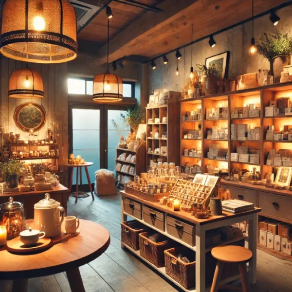 DALL·E 2024-12-16 10.12.31 - A cozy and well-decorated shop interior with warm lighting, shelves neatly stocked with various products, creating a welcoming and relaxed atmosphere.webp