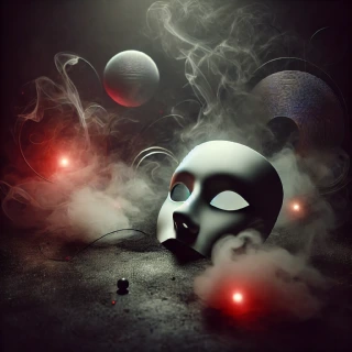 DALL·E 2025-01-16 13.05.18 - A mysterious and dark scene symbolizing hidden desires, with a white mask placed in a dimly lit, smoky environment. Surrounding the mask are subtle, a.webp
